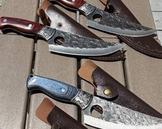 Handmade Damascus Steel Skinner Knives with Leather Sheaths