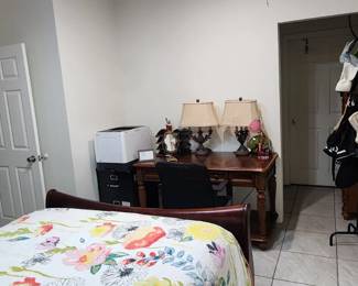 Solid wood desk, Antique lamps, desk lamp and printer