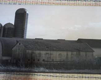 stretched framed print black and white of barn and silos