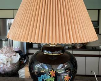 Chinoiserie Black Ceramic Table Lamp with Floral Design