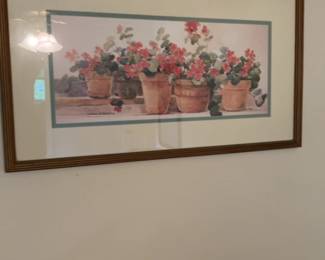 Framed Watercolor Geranium Still Life Art