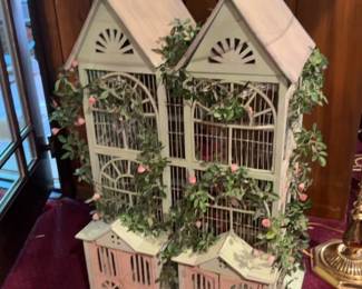 Large Victorian Style Wooden Birdhouse with Faux Floral Vine Accents