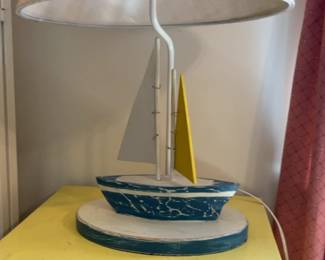 Vintage Hand-Painted Wooden Sailboat Lamp