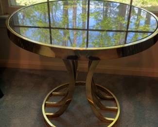 Modern Brass and Glass Round Pedestal Dining Table