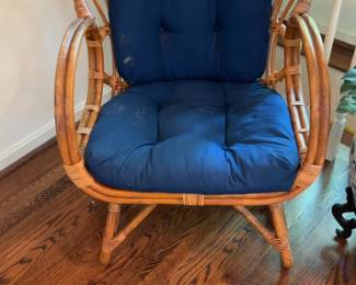 Vintage Rattan Bamboo Armchair with Navy Blue Cushion