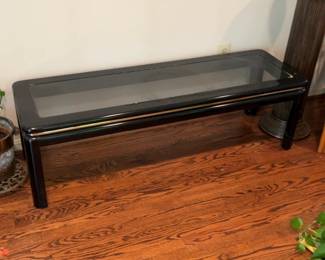 Modernist Black Lacquer Coffee Table with Glass Top and Brass Accents