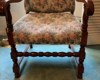 Vintage Floral Tapestry Armchair with Turned Wood Accents