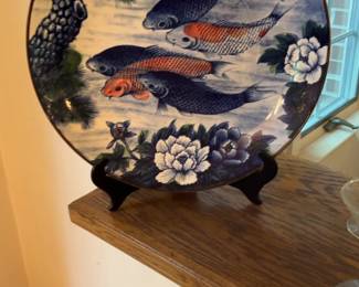 Japanese Decorative Porcelain Plate with Koi Fish and Floral Motif