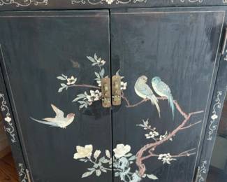 Vintage Oriental Lacquer Cabinet with Hand-Painted Bird and Floral Motif