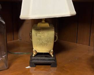 Vintage Asian Brass Table Lamp with Etched Crane and Lotus Motif