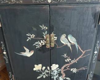 Vintage Oriental Lacquer Cabinet with Hand-Painted Bird and Floral Motif