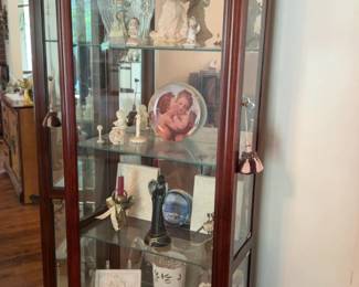 Classic Cherry Wood Finish Glass Curio Cabinet with Brass Accents