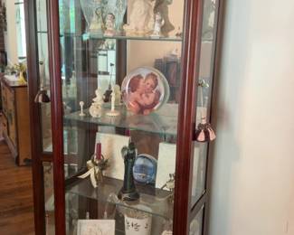 Classic Cherry Wood Finish Glass Curio Cabinet with Brass Accents