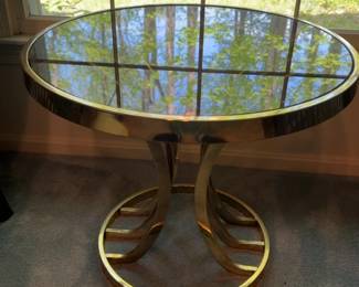 Modern Brass and Glass Round Pedestal Dining Table