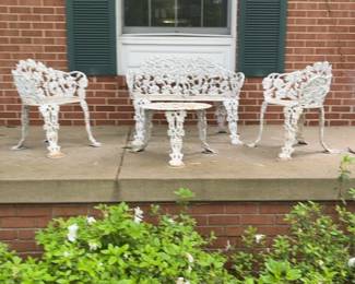 Vintage Cast Aluminum Floral Garden Bench and Chair Set