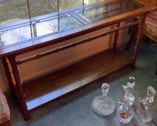 Faux Bamboo Wood Console Table with Glass Top and Bottom Shelf 35 x 14 x 25