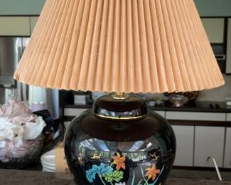 Chinoiserie Black Ceramic Table Lamp with Floral Design