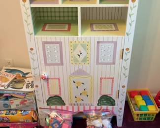 Vintage Style Hand-Painted Dollhouse Bookcase with Furniture Accessories