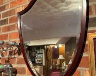 Shield Shaped Wall Mirror with Cherry Wood Finish Frame