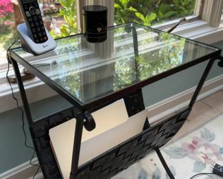 Metal and Glass Side Table with Integrated Woven Magazine Rack