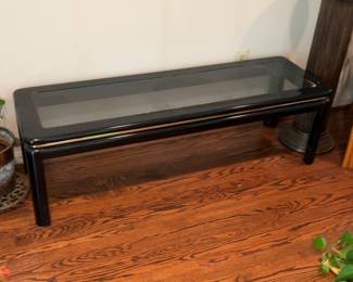 Modernist Black Lacquer Coffee Table with Glass Top and Brass Accents