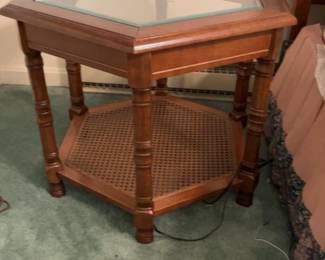 MCM Wood End Table with Glass Top and Cane Shelf 24 x 28 x 21