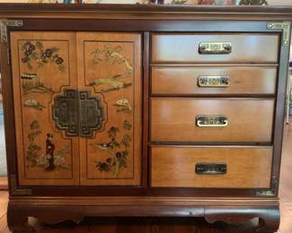 Vintage Chinoiserie Wooden Cabinet with Hand-Painted Art