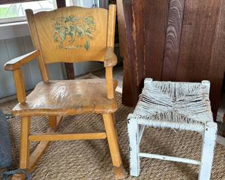 Vtg Maple childs rocking chair & Rush seat stool 