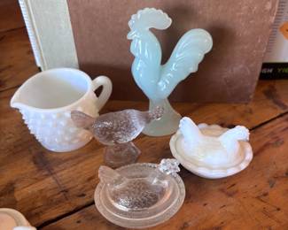 Mini Milk glass Hen/ glass hen/ & rooster 