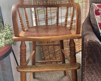 Antique Oak High Chair w/ cane back & leather seat 