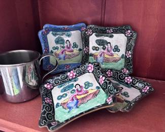 Vintage Chinese Canton Enamelware mini tray set 