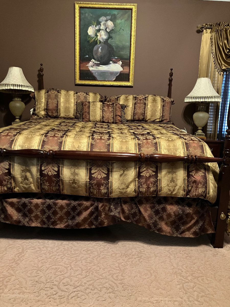 Thomasville King bed, original oil painting, custom comforter