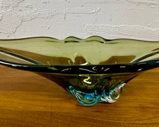 Heavy green glass bowl possibly Murano with blue hues