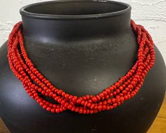Bright read beaded necklace with silver clasp