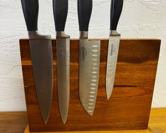 Set of four Calphalon knives and magnetic knife block