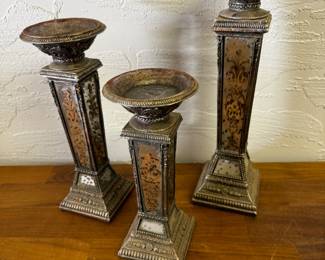 Trio of designer mirror embellished candle sticks