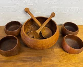 Large teak salad bowl set with serving utensils