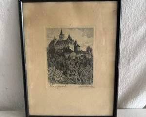 Vintage Framed Castle Etching / Architectural Print