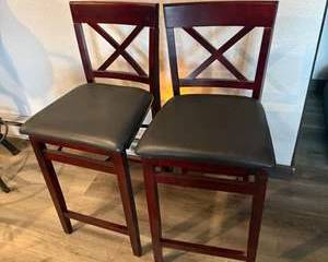Pair of Cherry Finish Counter Height Bar Stools with Upholstered Seats