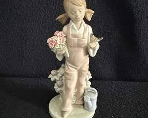 Lladro Porcelain Girl Figurine with Flowers & Bird – Made in Spain