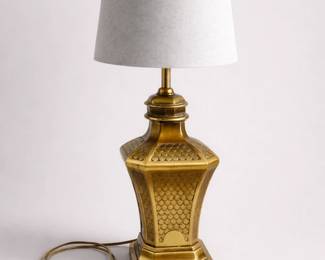 Vintage Moroccan Brass Table Lamp with Textured Hexagonal Base and Linen Shade