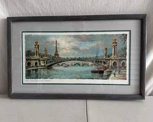 Framed Paris Eiffel Tower Cityscape Print Signed by C Leon