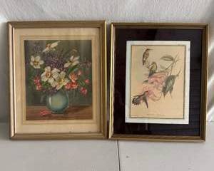 Pair of Framed Floral & Hummingbird Botanical Prints