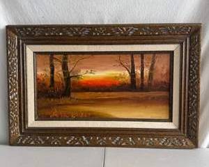 Framed Woodland Sunset Landscape Painting Signed M.L Kostner
