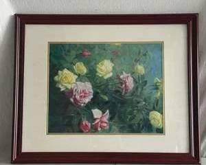 Framed Floral Rose Garden Print in Decorative Wood Frame