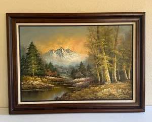 Framed Mountain Landscape Oil Painting