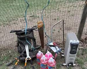 Mixed Utility Lot – Hedge Shears, Oil Heater, Antifreeze & Yard Tools