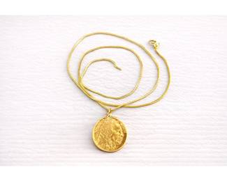14K gold 20" chain Buffalo nickel pendant (1936), 8.5 grams