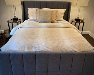 Queen bed with new mattress and upholstered headboard 