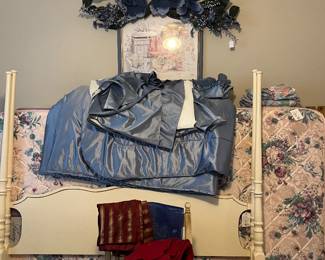 Full mattress/box springs, white four poster bed